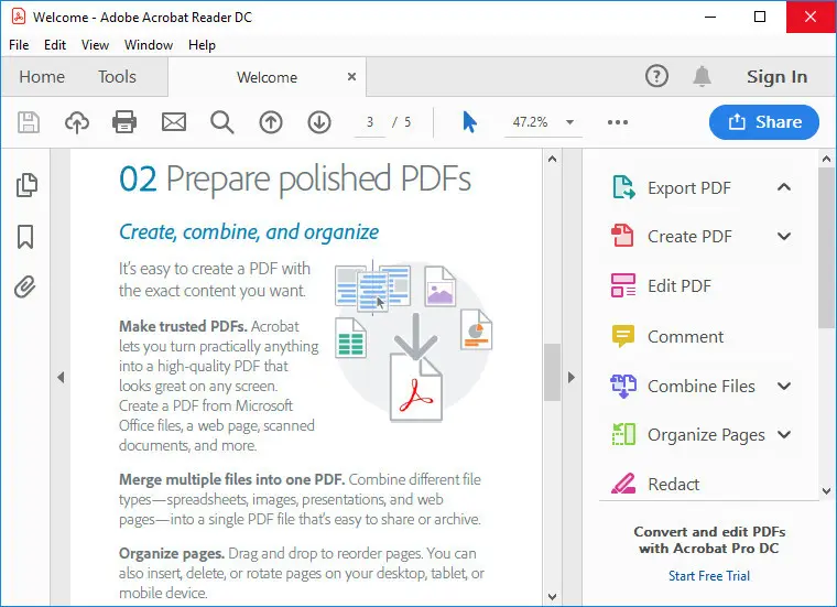 Adobe Acrobat Reader DC indirme sayfası ekran görüntüsü