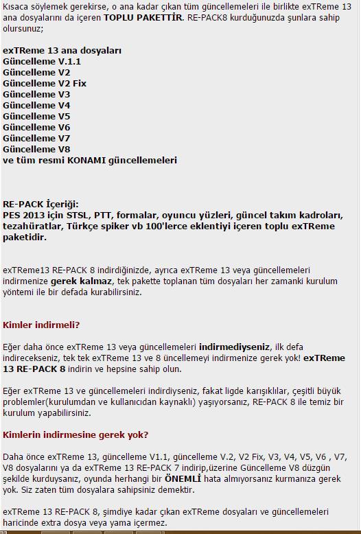 Pes exTReme 13 Re-Pack 8 Tüm Yamalar indirme sayfası ekran görüntüsü