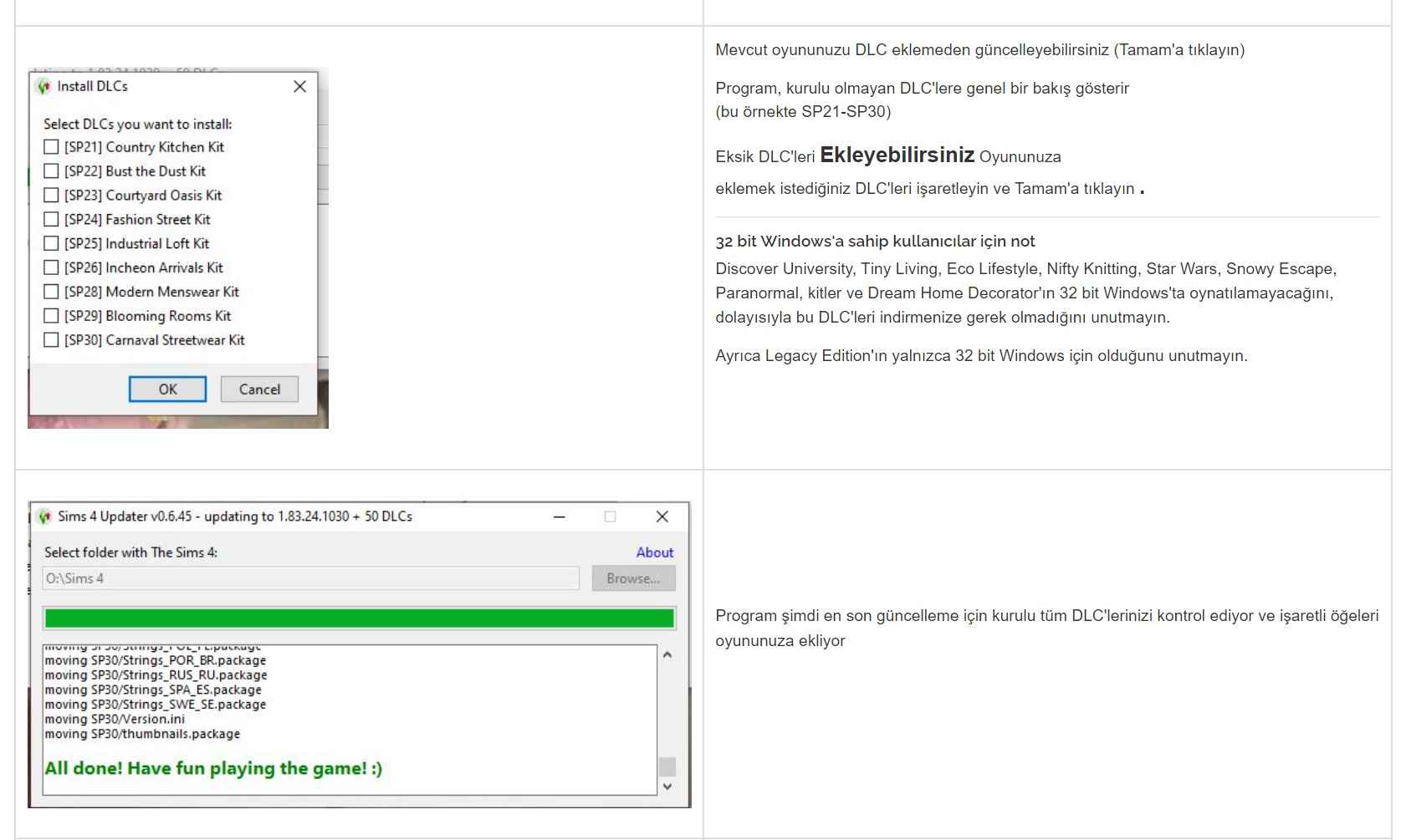 The Sims 4 Güncelleme Programı indirme sayfası ekran görüntüsü