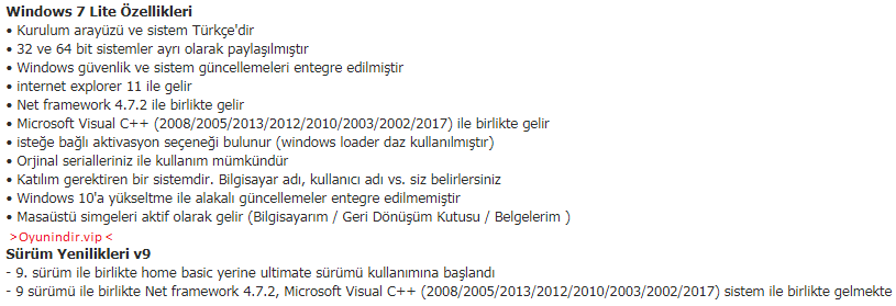 Windows 7 Ultimate Sp1 Lite indirme sayfası ekran görüntüsü