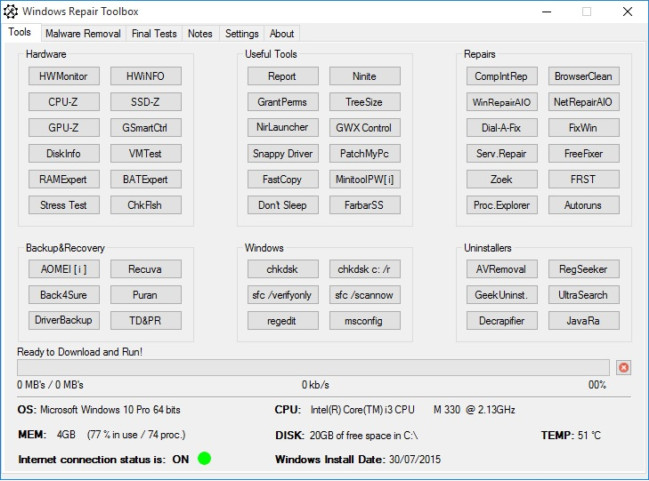 Windows Repair Toolbox indirme sayfası ekran görüntüsü