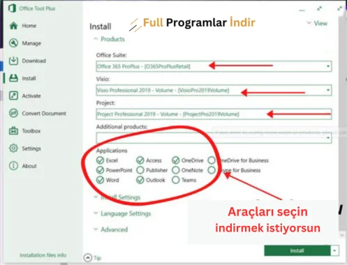 İndirilecek araçları seçme